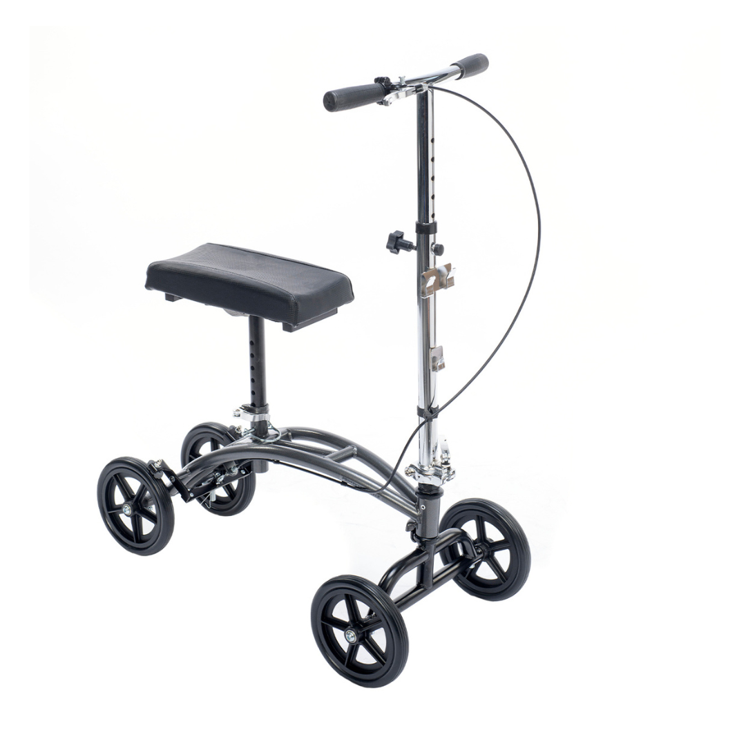The Proactive Protekt® Gazelle Portable Knee Walker features four black wheels, a padded knee rest, handlebars, and a brake cable—an excellent mobility aid for convenient foot and ankle recovery.