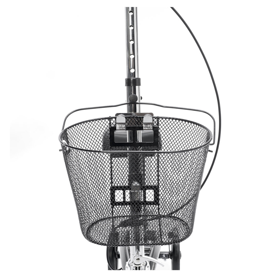 Front view of a black wire mesh bicycle basket attached to the handlebars and frame, designed for the Proactive Protekt® Gazelle Portable Knee Walker—ideal for those seeking mobility alternatives.