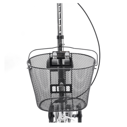 Front view of a black wire mesh bicycle basket attached to the handlebars and frame, designed for the Proactive Protekt® Gazelle Portable Knee Walker—ideal for those seeking mobility alternatives.