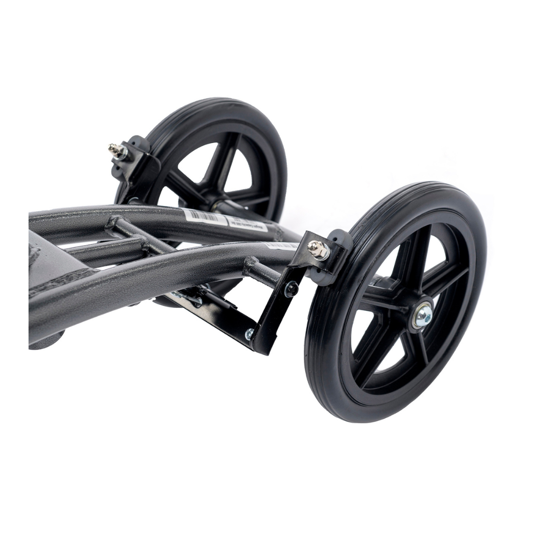 Close-up of two black plastic wheels attached to the Proactive Protekt® Gazelle Portable Knee Walker's metal frame, designed for foot and ankle recovery, shown against a white background.