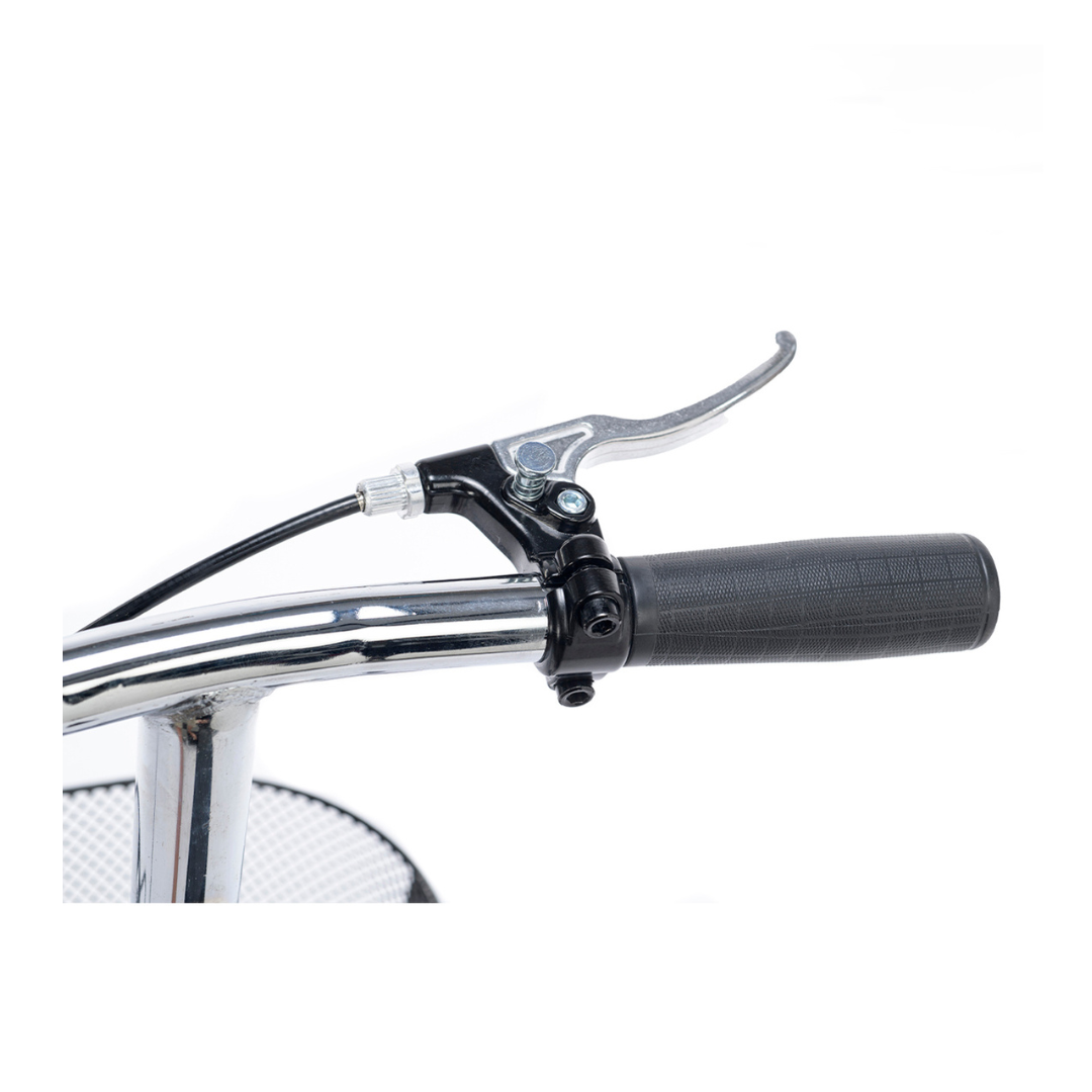 Close-up of the Proactive Protekt® Gazelle Portable Knee Walker’s handlebar with a black rubber grip and silver brake lever. A section of the knee walker's metal frame and mesh basket are partially visible in the background.