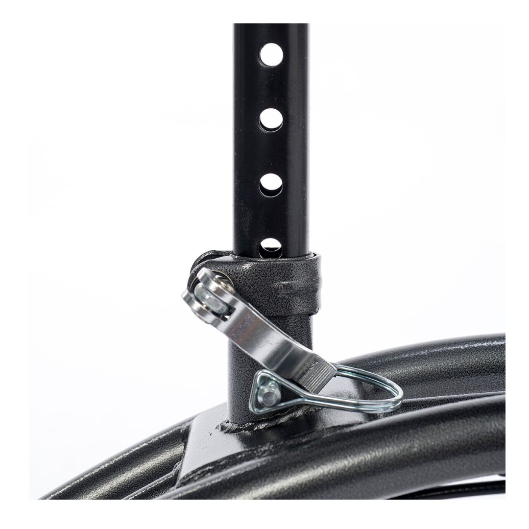 A close-up of the black metal pole with adjustment holes and a pin on the Proactive Protekt® Gazelle Portable Knee Walker's curved frame, set against a white background.