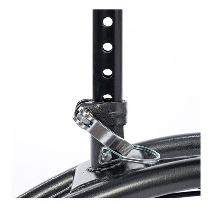 A close-up of the black metal pole with adjustment holes and a pin on the Proactive Protekt® Gazelle Portable Knee Walker's curved frame, set against a white background.