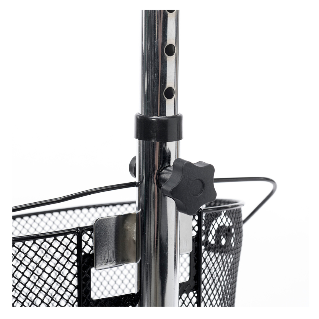 Close-up of the Proactive Protekt® Gazelle Portable Knee Walker’s metal pole with adjustable holes and a black knob, attached to its wire mesh basket; a metal clip and cable are visible near the connection point.
