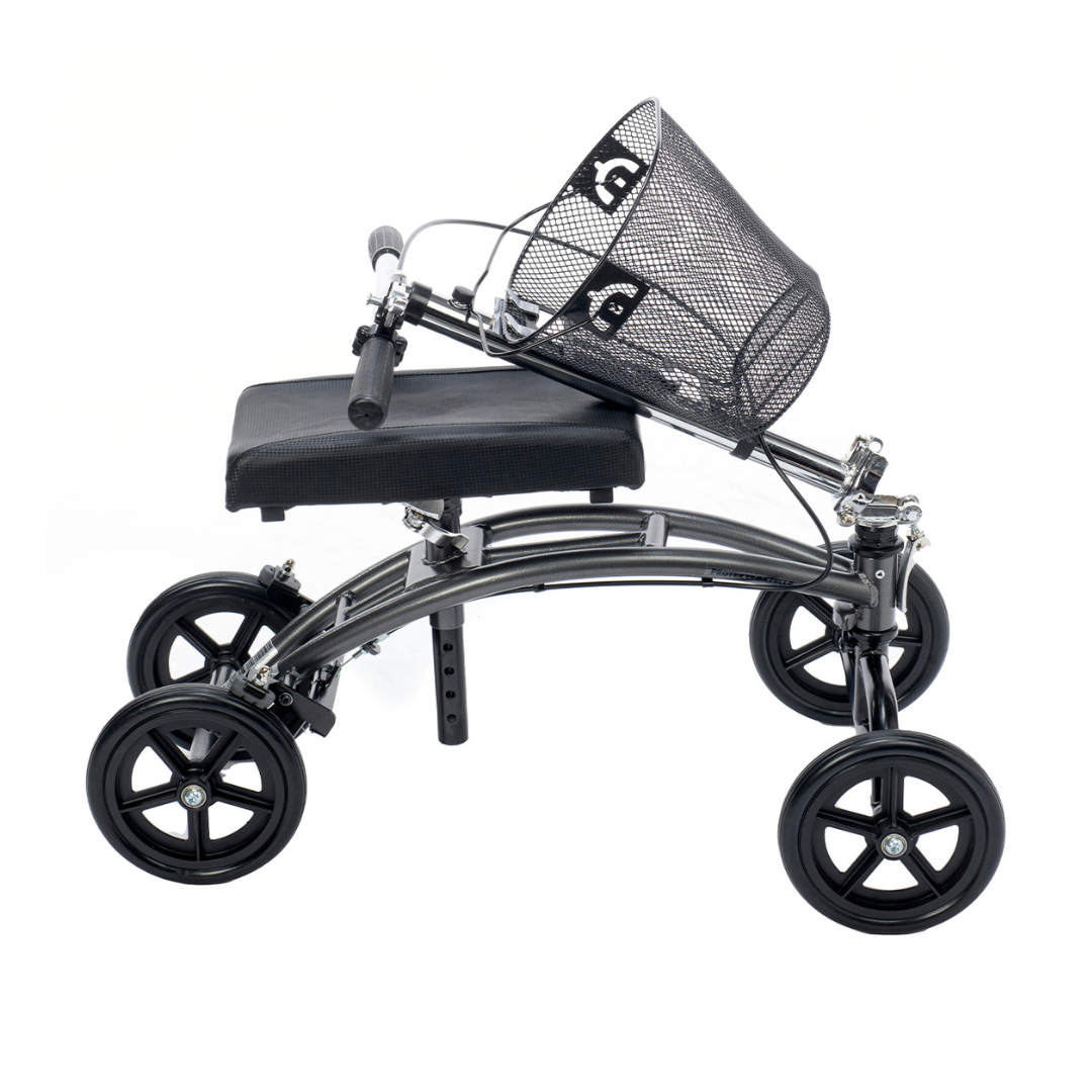 The Proactive Protekt® Gazelle Portable Knee Walker is a black, four-wheeled scooter with a padded seat, handlebars, and front wire basket, providing a convenient mobility alternative for foot and ankle recovery.