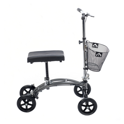 The Proactive Protekt® Gazelle Portable Knee Walker is a black four-wheeled mobility aid with a padded knee rest, handlebars, and a wire basket, designed for foot and ankle recovery as an alternative to crutches.