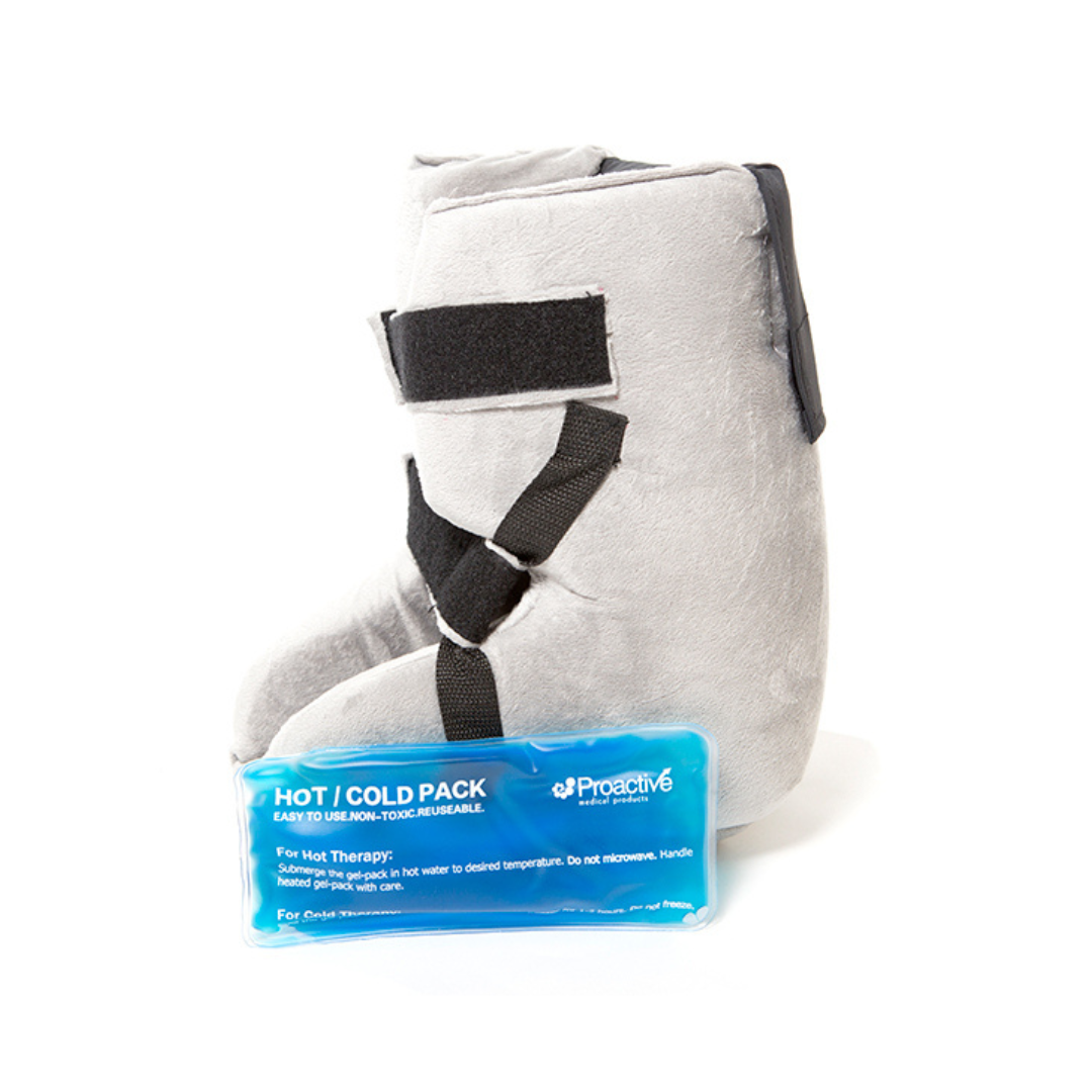 The Proactive Protekt® Heel Gel Elevation Boot with black straps stands upright beside its blue hot/cold gel pack for foot therapy and pressure sore prevention, all set against a plain white background.
