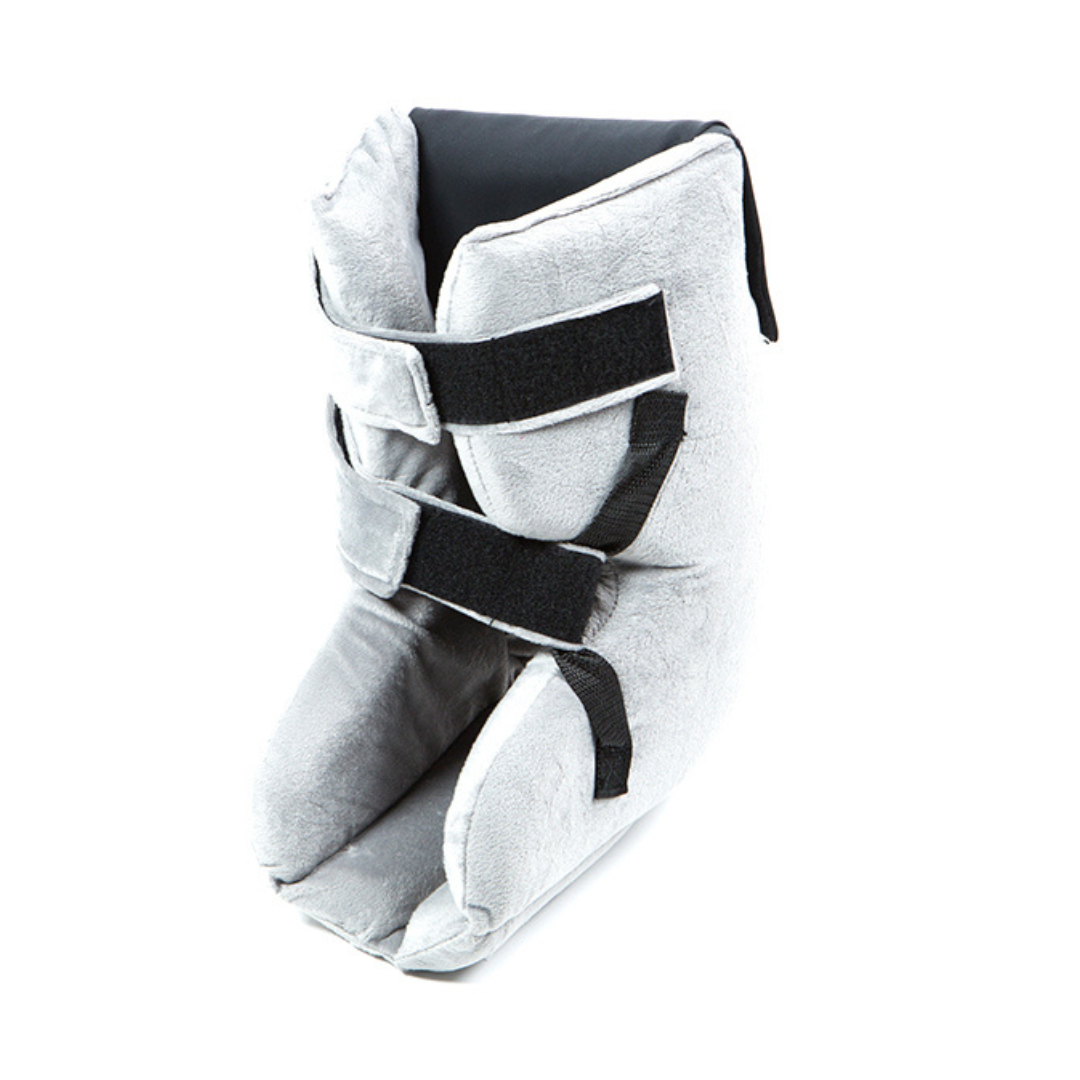 The Proactive Protekt® Heel Gel Elevation Boot with Hot or Cold Gel Pack is a soft gray foot and ankle support featuring two black Velcro straps, designed to cushion the foot and heel and help prevent pressure sores.