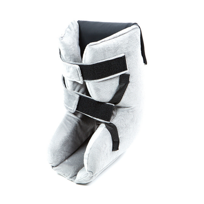 The Proactive Protekt® Heel Gel Elevation Boot with Hot or Cold Gel Pack is a soft gray foot and ankle support featuring two black Velcro straps, designed to cushion the foot and heel and help prevent pressure sores.