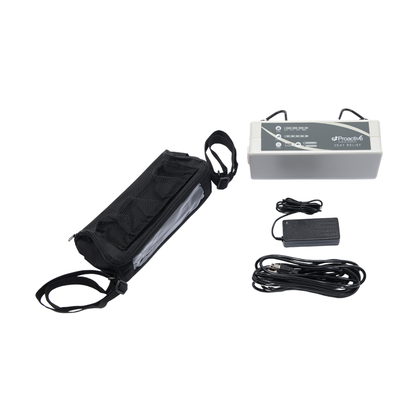 The Protekt® Seat Relief - Alternating Pressure Seat Cushion System by Proactive, in grey and white, comes with a black carrying bag, power adapter, and long connecting cable—shown neatly arranged on a white background.