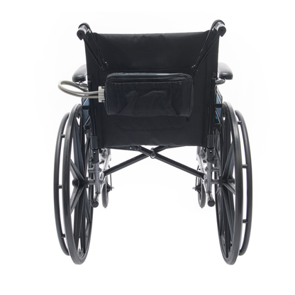 A black manual wheelchair shown from the back with large rear wheels, armrests, a backrest pouch, and the Protekt® Seat Relief - Alternating Pressure Seat Cushion System by Proactive for comfort and pressure injury prevention.