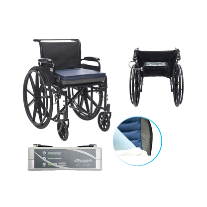 The Protekt® Seat Relief - Alternating Pressure Seat Cushion System by Proactive is shown on a black manual wheelchair, with blue cushion visible from side and front. Inset reveals cushion layers; separate control unit below allows seat adjustment and pressure injury prevention.