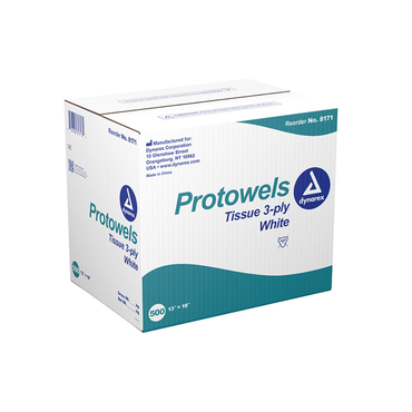 A white and teal box labeled Dynarex ProTowels Highly Absorbent 3-ply Procedure Towels contains 500 disposable 13 x 18 towels. Packaging includes company info, reorder #8171, and product branding.