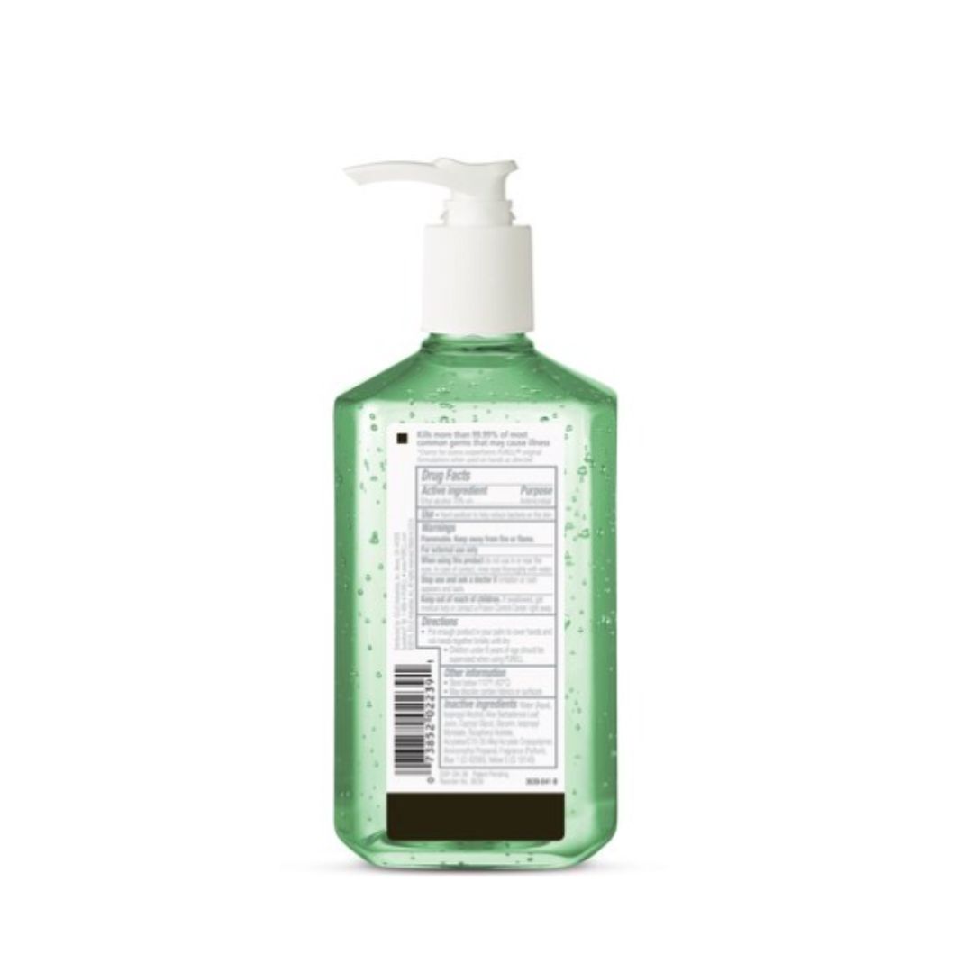 A green clear plastic pump bottle of PURELL® Advanced Gel Sanitizer, 12 oz, is shown from the back, displaying its black and white drug facts and ingredients label.