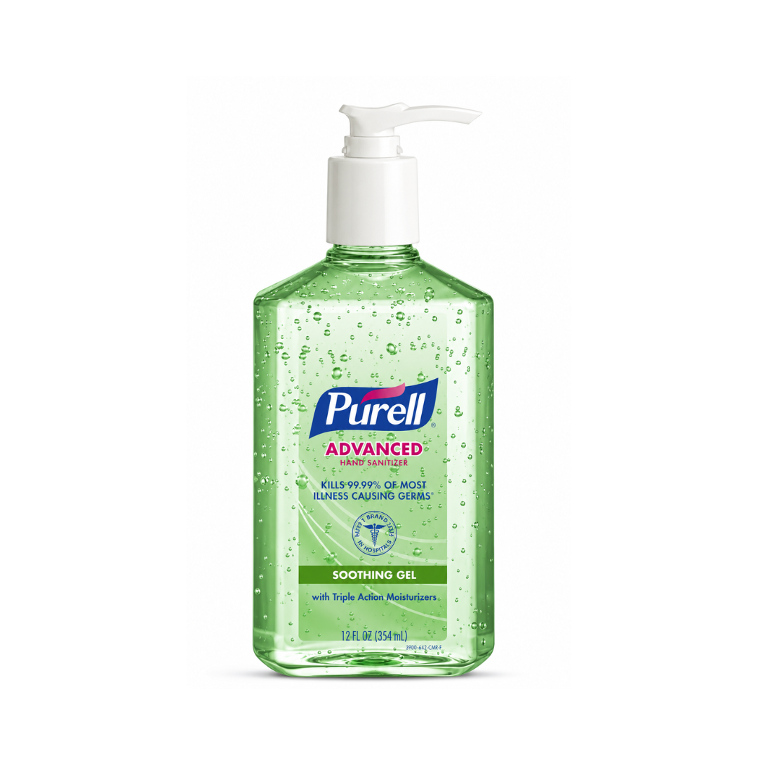 A clear 12 oz bottle of PURELL® Advanced Gel Sanitizer with a white pump dispenser, containing green-tinted gel that kills 99.99% of most illness-causing germs.