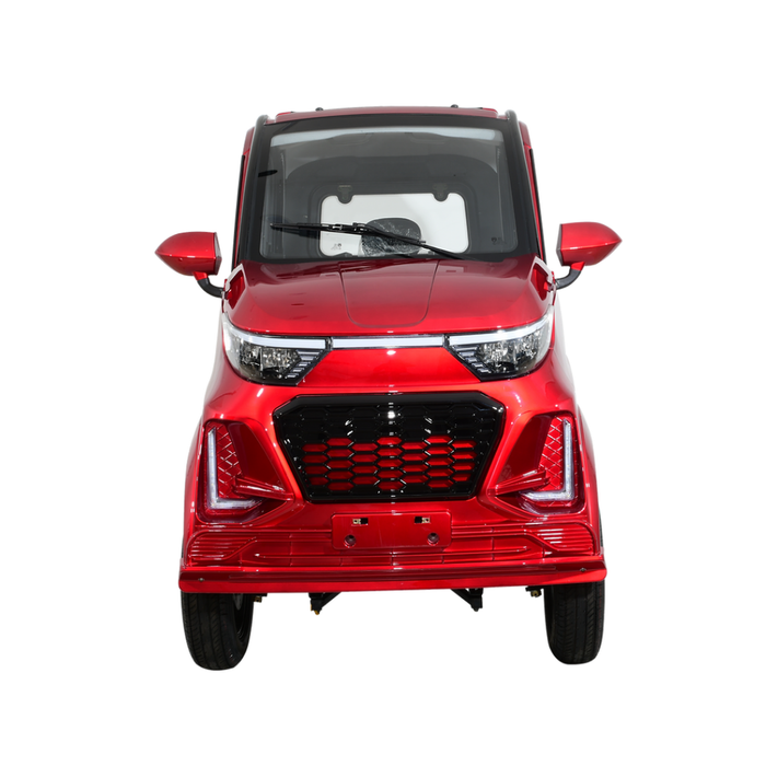 A front view of the Green Transporter Q Express Fully Enclosed Scooter, a small, shiny red electric scooter with black accents, LED headlights, compact design, and a fully enclosed cabin, isolated on a white background.