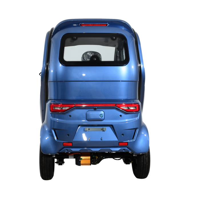 The Green Transporter Q Express Fully Enclosed Scooter is shown from the rear on a white background, featuring three wheels, a blue fully enclosed cabin, red taillights, and a compact design ideal for modern urban commuting.