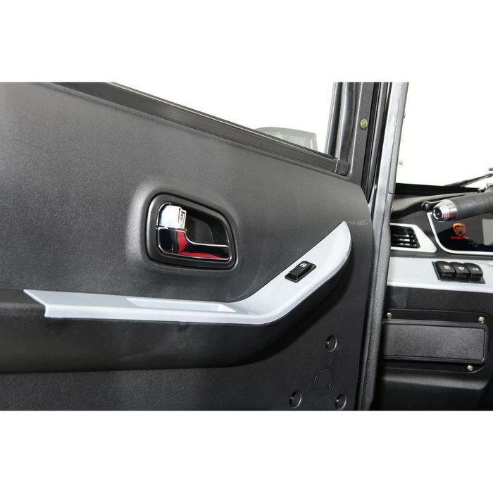 Close-up of the Green Transporter Q Express Fully Enclosed Scooter’s interior door, showing its chrome handle, silver accent, window control button, and slightly open door. Its 60V 1200W motor powers vehicles with fully enclosed cabins like this.