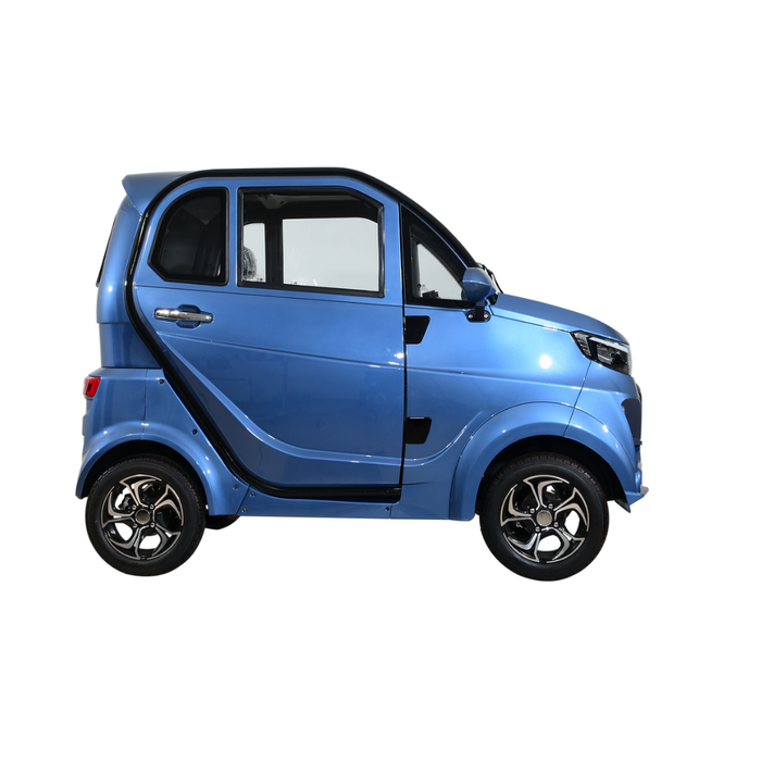 The Green Transporter Q Express Fully Enclosed Scooter is a compact, blue, two-door electric vehicle with a fully enclosed cabin, shown in profile on a white background.