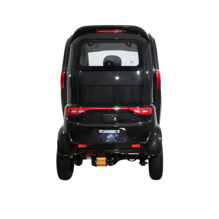 The Green Transporter Q Express Fully Enclosed Scooter is a compact black three-wheeled electric vehicle shown from the rear, highlighting its back window, taillights, and license plate area against a white background.