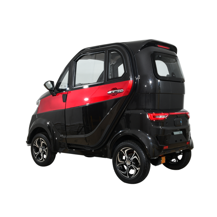 The Green Transporter Q Express Fully Enclosed Scooter is a compact, black and red two-door microcar with small wheels, a modern rounded design, fully enclosed cabin, and 60V 1200W motor, shown on a white background.