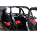 Interior view of the Green Transporter Q Express Fully Enclosed Scooter, featuring a single front seat with black and red upholstery, minimalistic dashboard, open door, and steering wheel in a compact, futuristic cabin.