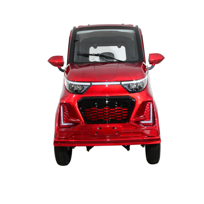Front view of the Green Transporter Q Express Fully Enclosed Scooter, a compact, bright red electric vehicle with a 60V 1200W motor and modern design, fully enclosed cabin, isolated on a white background.