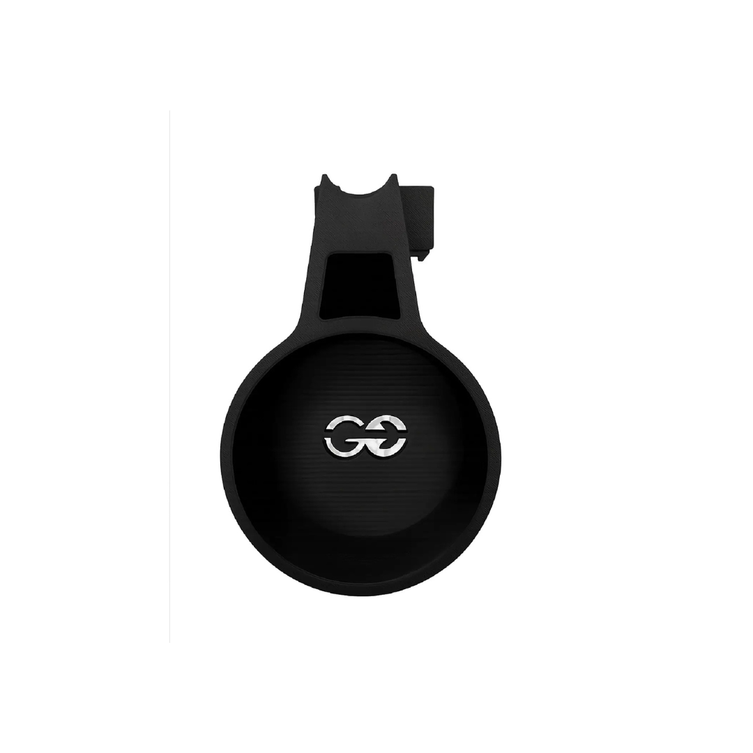 Black circular Quick Detach Oxygen E Tank Holder for ComfyGo Powerchairs with a handle and a white GO logo in the center, displayed on a white background.