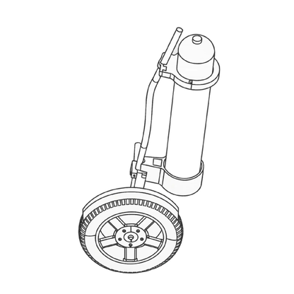 Black and white line drawing of the Quick Detach Oxygen E Tank Holder for ComfyGo Powerchairs, featuring a large wheel, cylindrical body, and handle, resembling a component of an automated device.