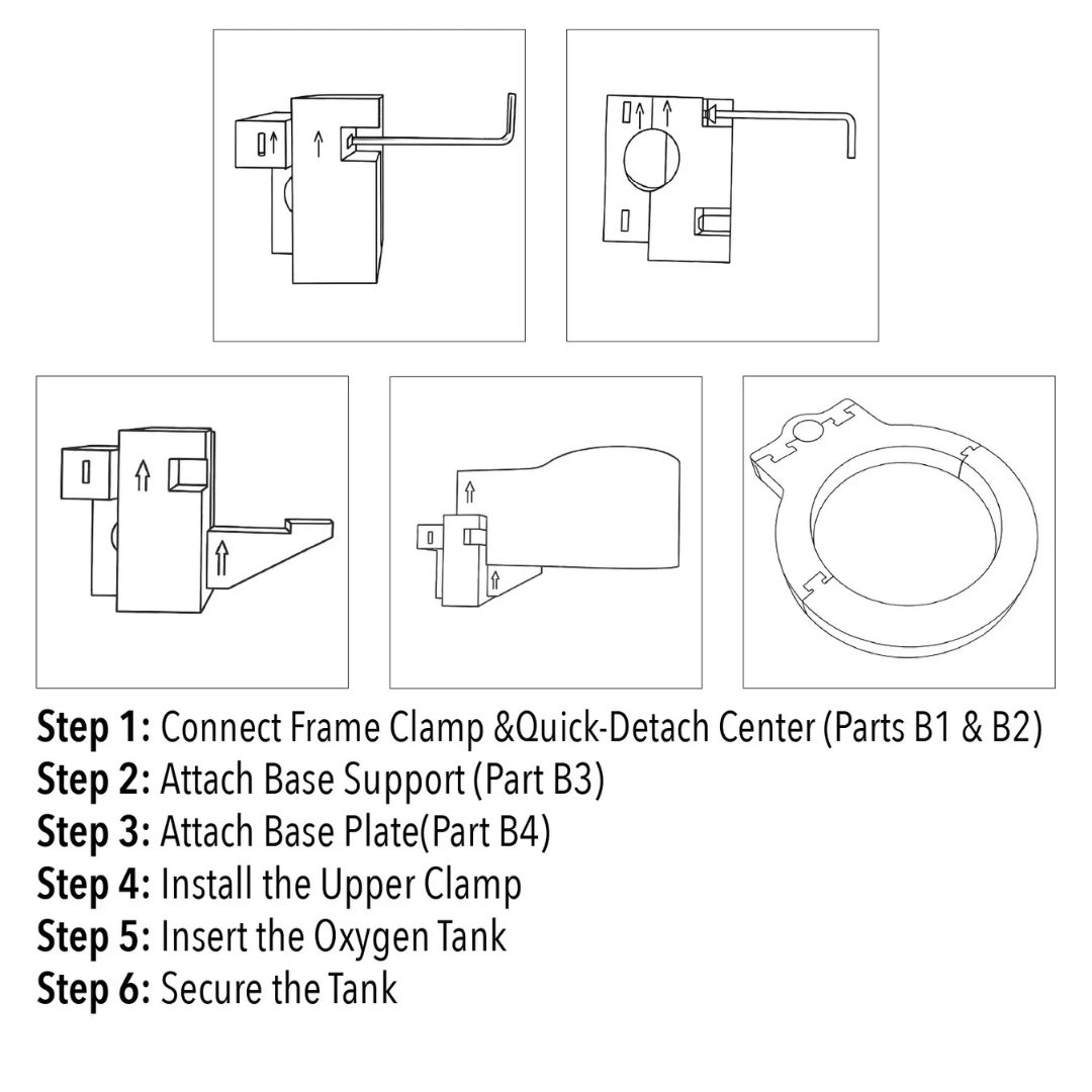 Line drawings show six steps to assemble the Quick Detach Oxygen E Tank Holder for ComfyGo Powerchairs, with labeled parts—frame clamp, base support, base plate, upper clamp—and arrows indicating assembly directions.