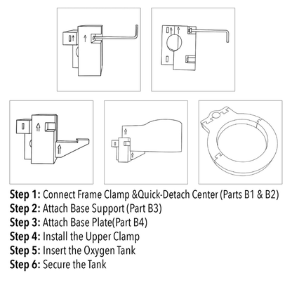 Line drawings show six steps to assemble the Quick Detach Oxygen E Tank Holder for ComfyGo Powerchairs, with labeled parts—frame clamp, base support, base plate, upper clamp—and arrows indicating assembly directions.