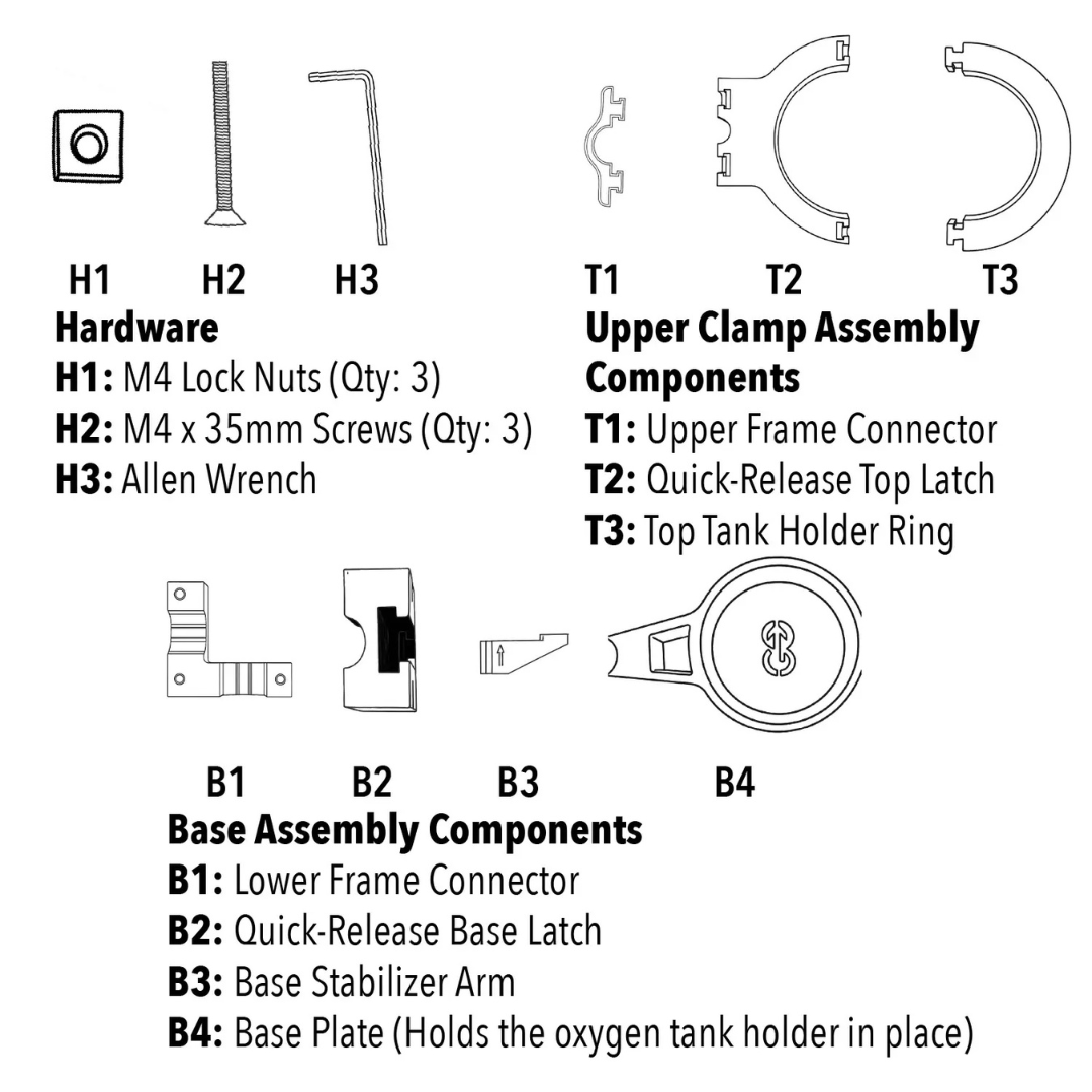 Labeled diagram of the Quick Detach Oxygen E Tank Holder for ComfyGo Powerchairs, showing all hardware and components: M4 lock nuts, screws, allen wrench, upper clamp parts, lower frame, quick-release latches, stabilizer arm, and base plate.
