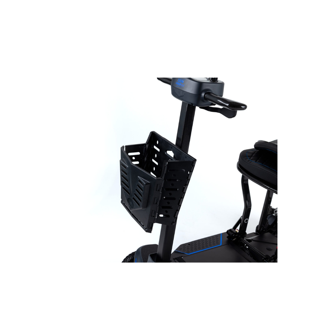 Close-up of the Quick Release Folding Basket for Monarch Genie Scooters attached to the black scooter’s handlebars, shown against a white background.