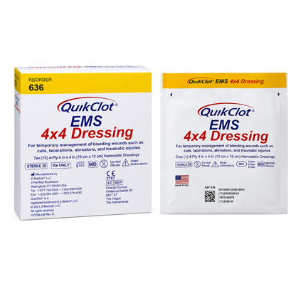 Two packages of QuikClot® EMS Hemostatic Gauze Dressing 4"x4", including a box of 10, labeled for emergency medical services and temporary control of bleeding from cuts, lacerations, abrasions, or traumatic injuries.