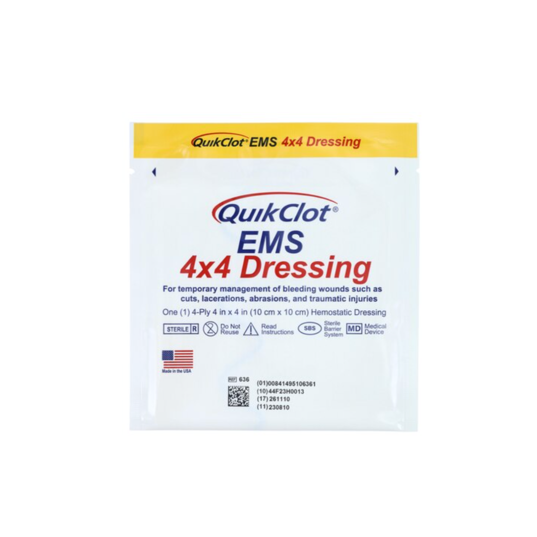 A white box labeled QuikClot® EMS Hemostatic Gauze Dressing 4"x4" (Box of 10) for bleeding control, with blue and red emergency symbols and product details, designed for use by emergency medical services.