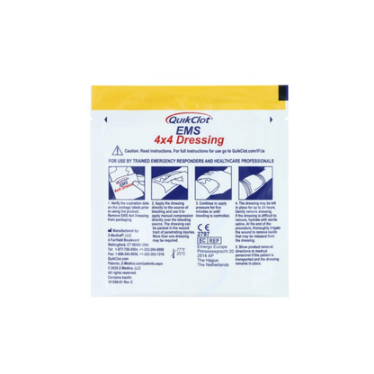 A sealed white and yellow package labeled QuikClot® EMS Hemostatic Gauze Dressing 4"x4" (Box of 10) features instructions and illustrations for use in emergency medical services and bleeding control.