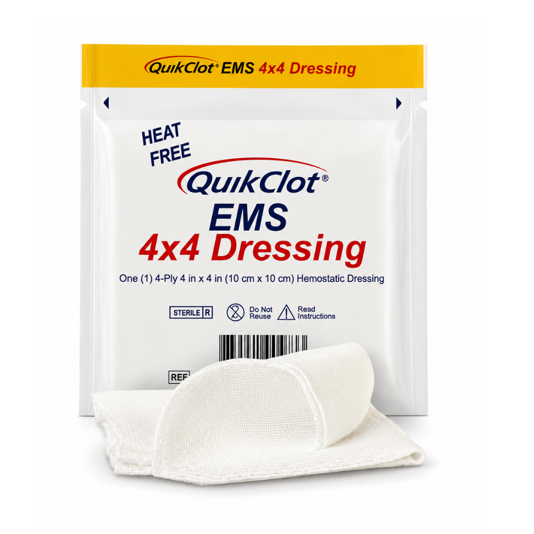 A white box labeled QuikClot® EMS Hemostatic Gauze Dressing 4"x4" (Box of 10), with a sterile gauze partially removed, designed for bleeding control and trusted by emergency medical services.