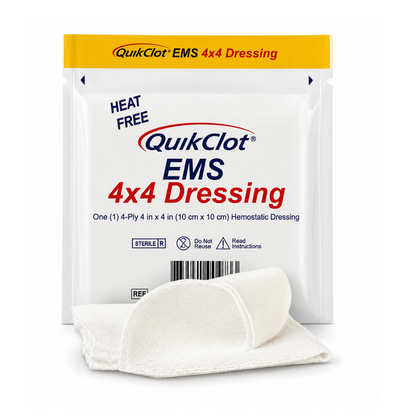 A white box labeled QuikClot® EMS Hemostatic Gauze Dressing 4"x4" (Box of 10), with a sterile gauze partially removed, designed for bleeding control and trusted by emergency medical services.