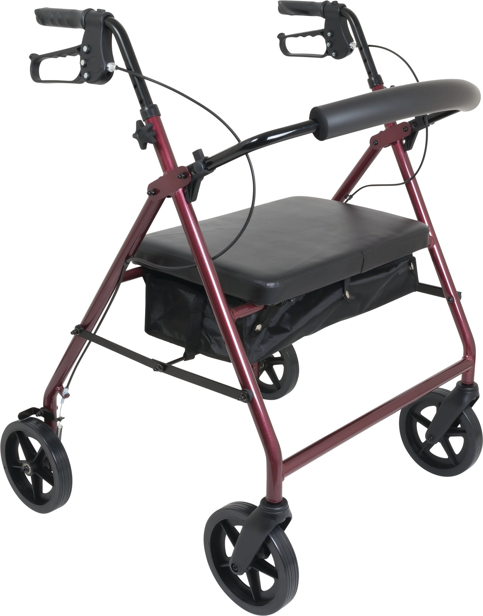 The ProBasics Deluxe Bariatric Aluminum Rollator features a maroon frame, 8 wheels, hand brakes, padded seat and backrest, plus a black storage pouch underneath.