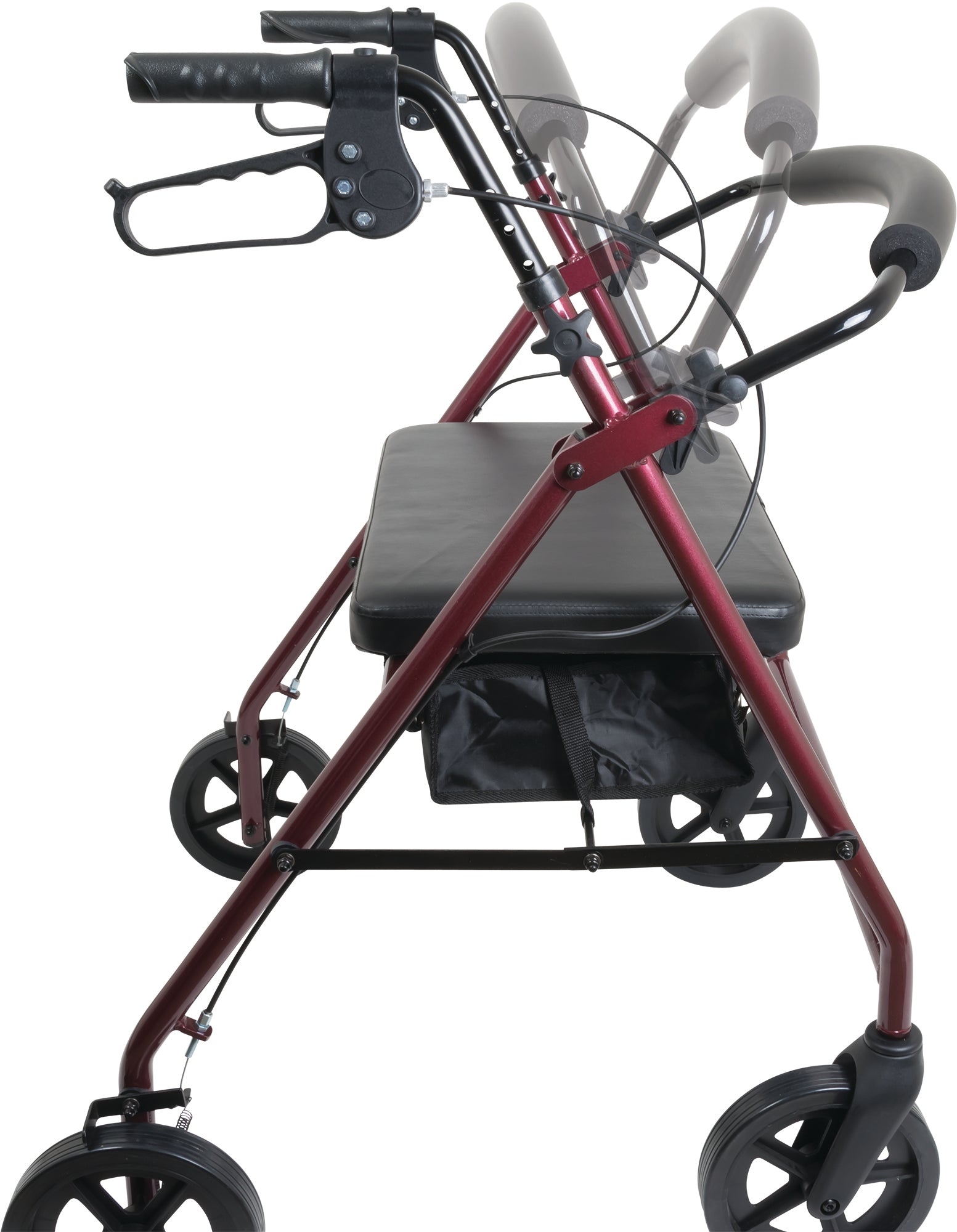 The ProBasics Deluxe Bariatric Aluminum Rollator with 8 Wheels is shown in side view. It features a red frame, black handles and wheels, adjustable handle height, plus a black seat and storage pouch.