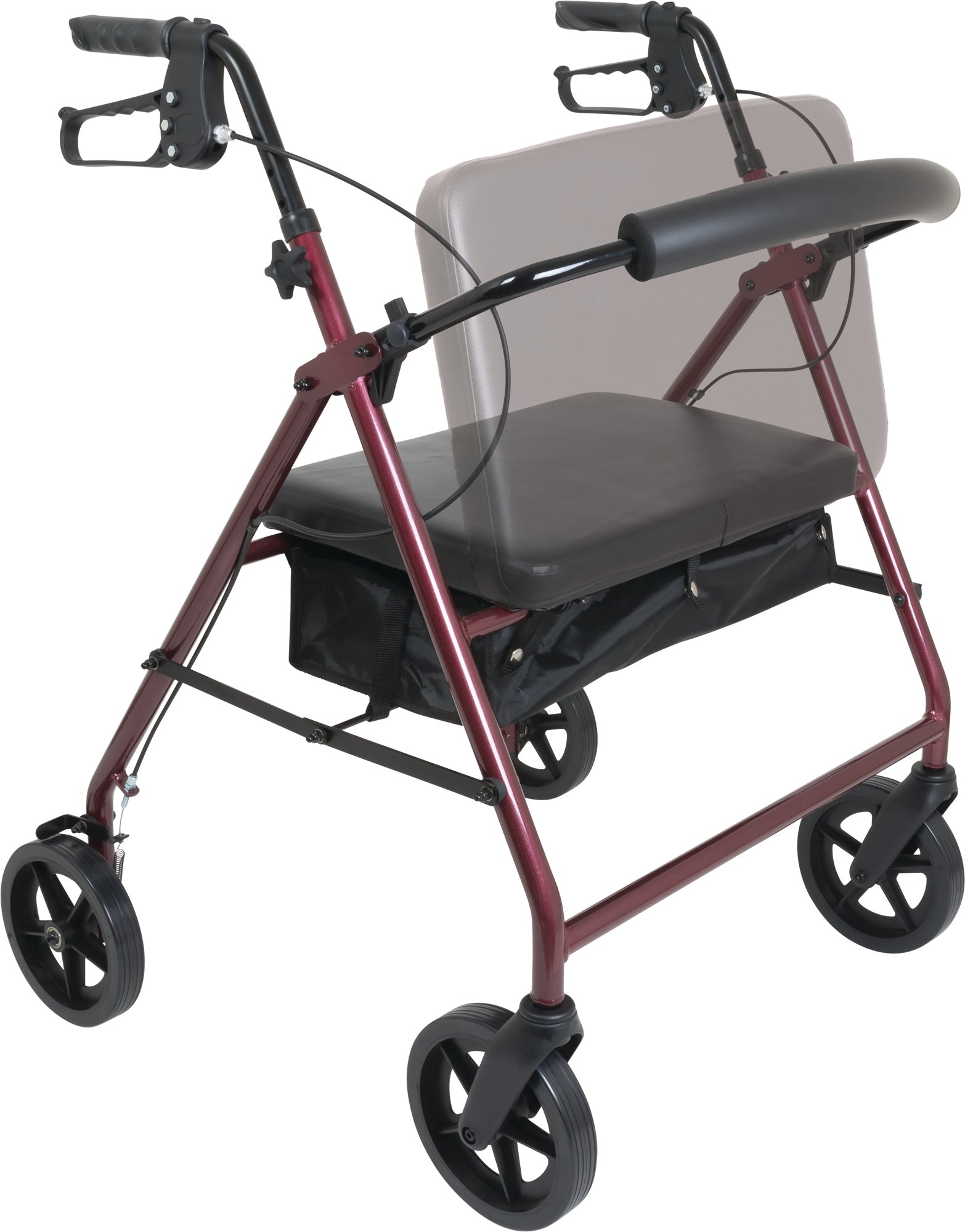 The ProBasics Deluxe Bariatric Aluminum Rollator with 8 Wheels is red, features black handlebars, a padded seat and backrest, plus a storage pouch under the seat.