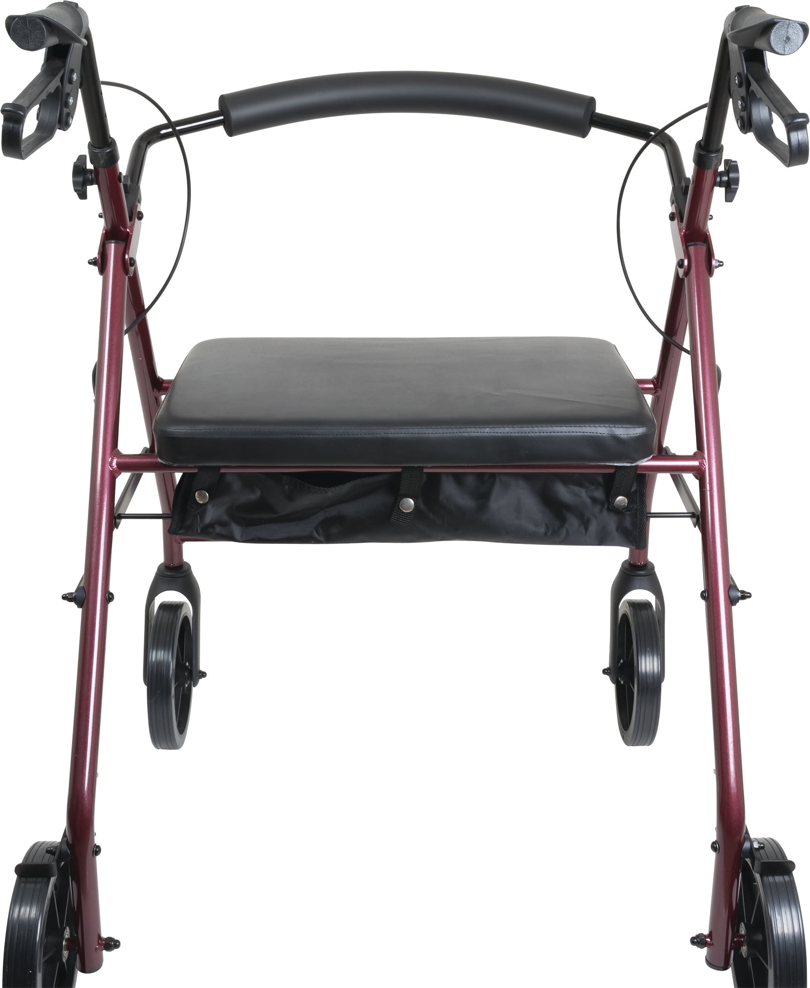 The ProBasics Deluxe Bariatric Aluminum Rollator with 8 Wheels is shown from the front in red, featuring a padded black seat, black handlebars with hand brakes, and a storage pouch under the seat.