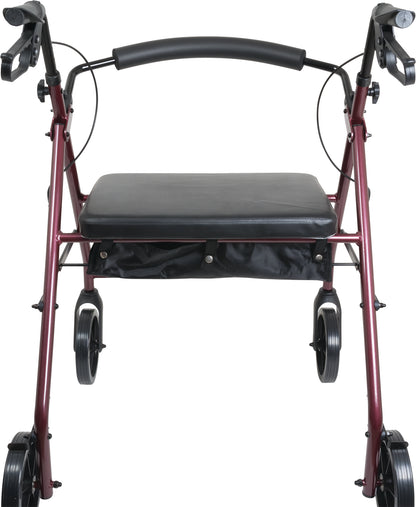 The ProBasics Deluxe Bariatric Aluminum Rollator with 8 Wheels is shown from the front in red, featuring a padded black seat, black handlebars with hand brakes, and a storage pouch under the seat.
