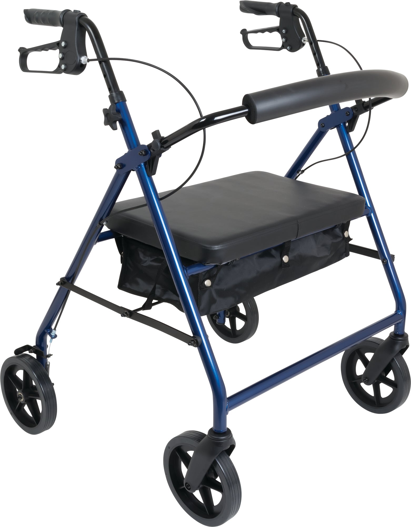 The ProBasics Deluxe Bariatric Aluminum Rollator features a blue frame, 8 wheels, black handles with hand brakes, a padded seat, and an under-seat storage pouch.