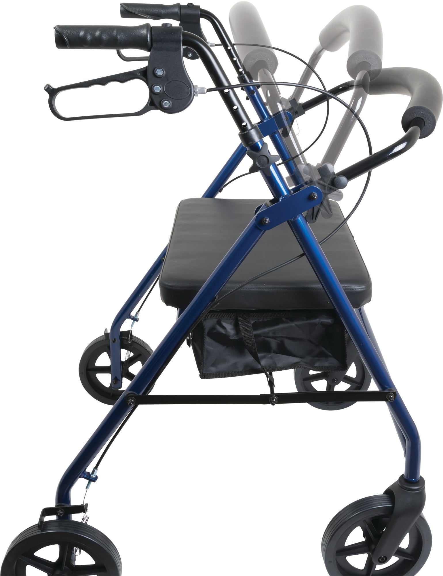 The ProBasics Deluxe Bariatric Aluminum Rollator with 8 Wheels is shown in blue, featuring adjustable black handlebars, a black seat, and storage pouch. Transparent overlays illustrate the handlebar height adjustments.