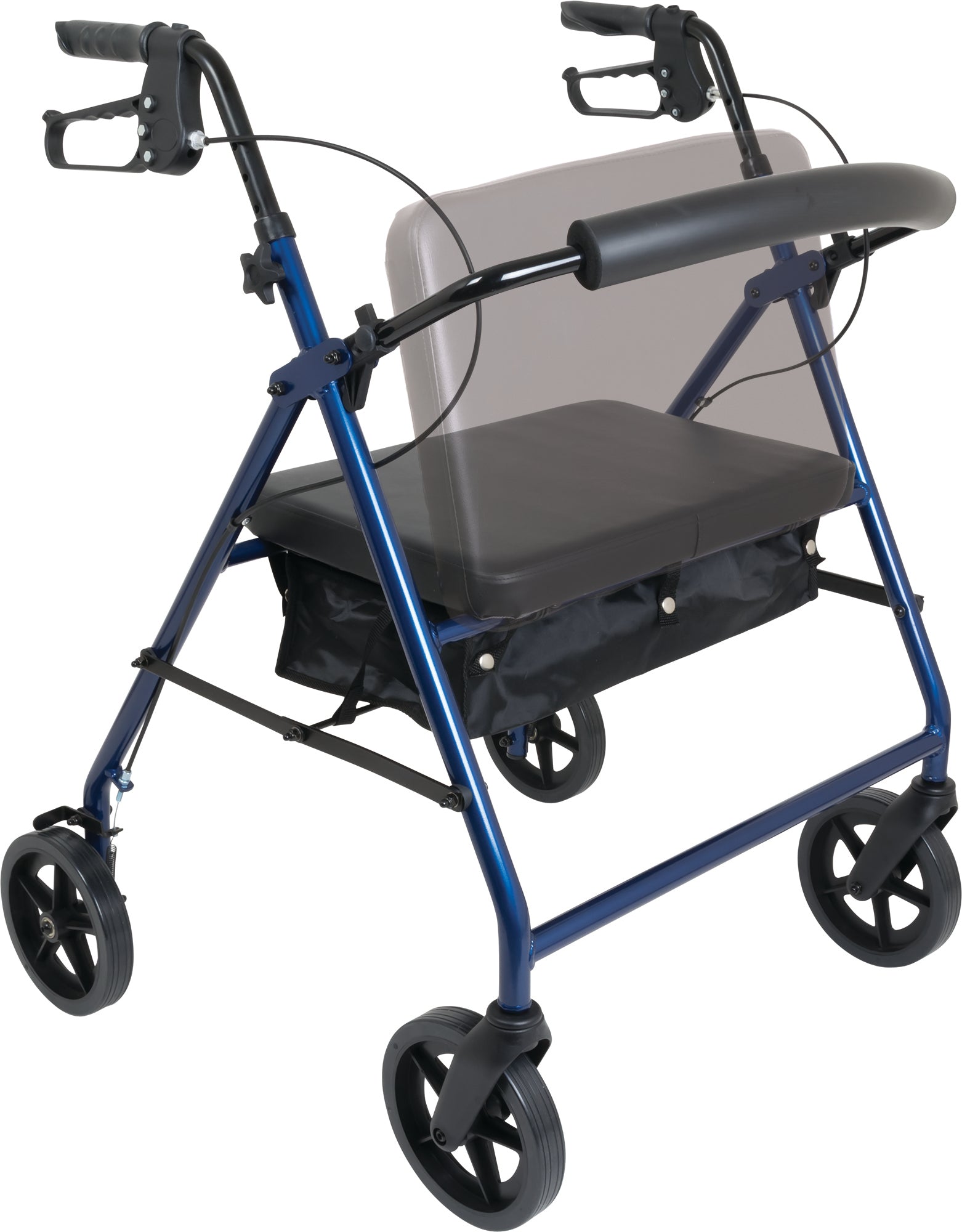 The ProBasics Deluxe Bariatric Aluminum Rollator with 8 wheels features a blue frame, padded seat, backrest, storage pouch under the seat, and hand brakes on the handles.