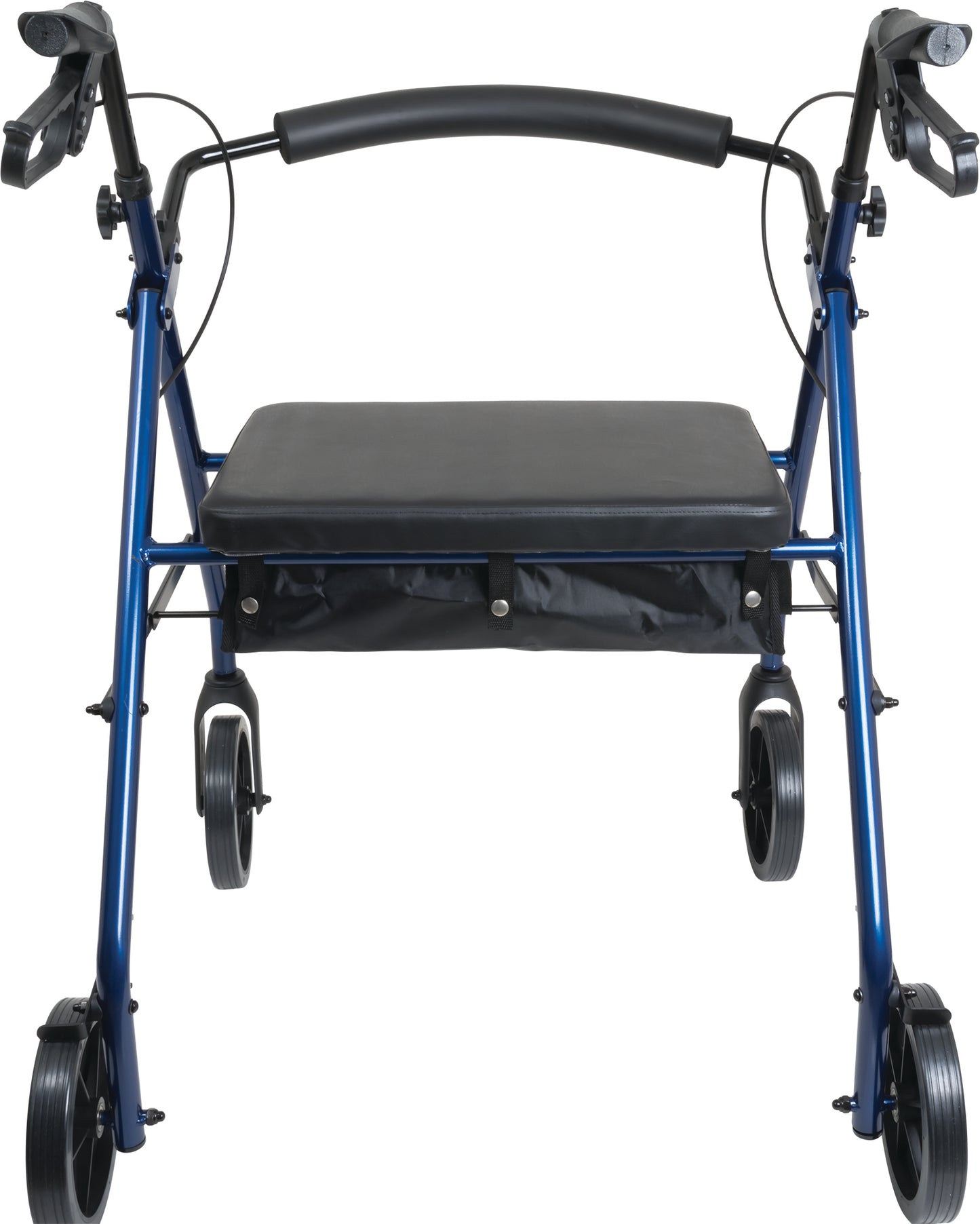 The ProBasics Deluxe Bariatric Aluminum Rollator features a blue frame, four 8 wheels, black hand grips, and a padded seat with an under-seat storage pouch, shown from the front.