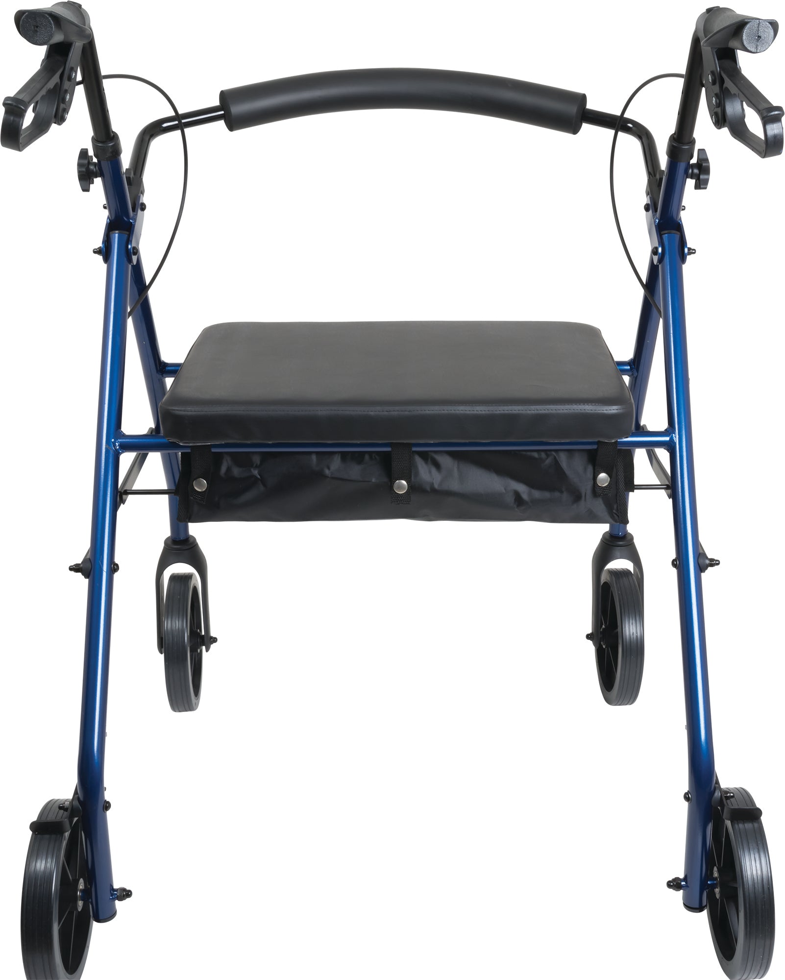 The ProBasics Deluxe Bariatric Aluminum Rollator features a blue frame, four 8 wheels, black hand grips, and a padded seat with an under-seat storage pouch, shown from the front.