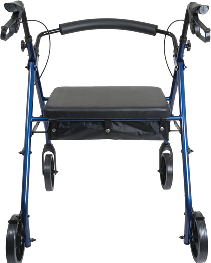 The ProBasics Deluxe Bariatric Aluminum Rollator features a blue frame, four 8 wheels, black hand grips, and a padded seat with an under-seat storage pouch, shown from the front.