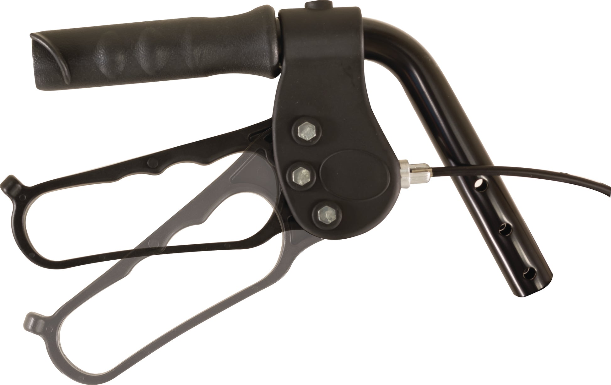 A close-up of a black hand-operated lever with textured grip, three bolts, and an attached cable—part of the ProBasics Deluxe Bariatric Aluminum Rollator with 8 Wheels, designed for mobility support.